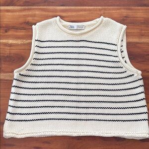 Zara Navy and Cream Striped Knit Top